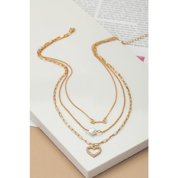 NEW 3 Layered Arrow, Faux Pearl, Rhinestone Heart Pendant Dainty Necklace Gold - Picture 8 of 8